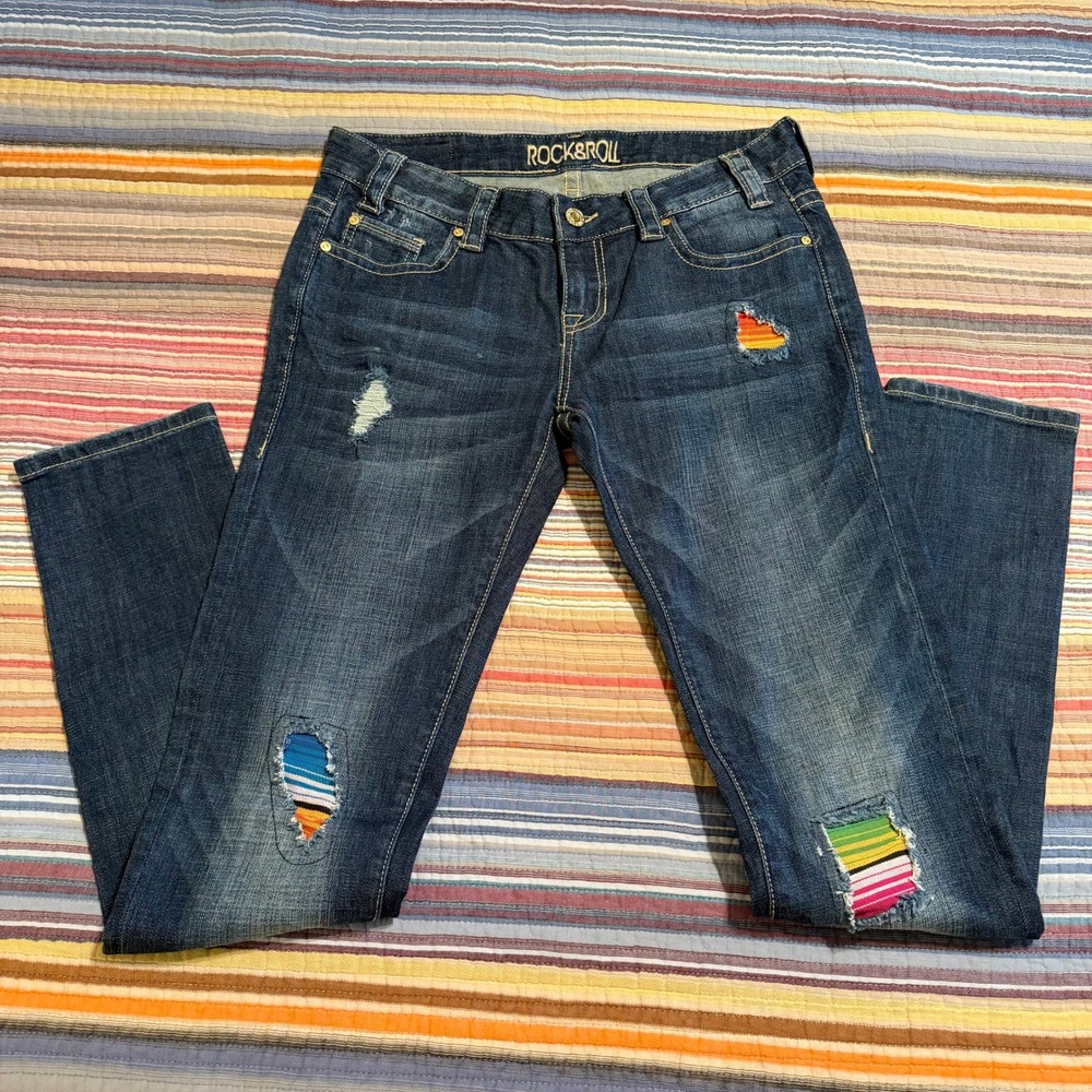 Rock‎ and Roll Cowgirl Rival Low Rise Skinny Jeans Serape Patch Distressed 28x32